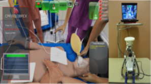 A screenshot of Vankipuram and colleagues’ cardiac life support simulation (left) and an input device designed to simulate compressions (right).
